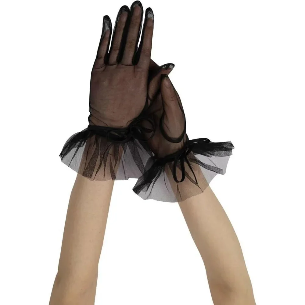 Women's Evening Dark Red Ruffles Mesh Tulle Short Gloves Wedding Party Accessory